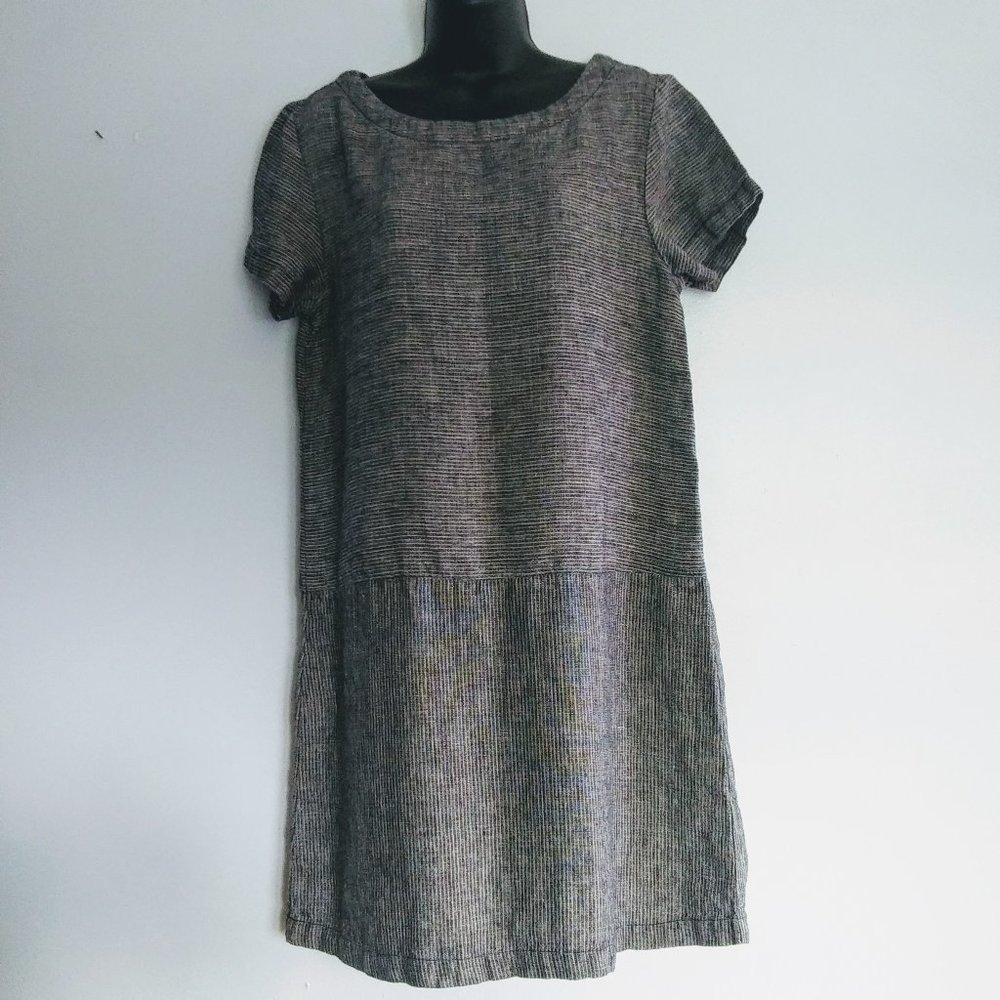 Garnet Hill Linen Drop Waist Shift Dress 8 Black & White Pinstripe